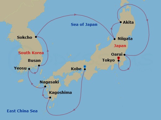 14 Night - Japan and South Korea Cruise : Kagoshima, Sokcho & Tokyo - Azamara Pursuit - Starting in Kobe, Kagoshima, Nagasaki, Yeosu, Busan, Sokcho, South Korea, Niigata, Akita, Oarai, Tokyo itinerary map