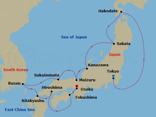 12 Night - Japan Intensive Cruise : Tokyo, Kanazawa & Hiroshima - Azamara Pursuit - Starting in Tokyo, Hakodate, Sakata, Kanazawa, Maizuru, Sakaiminato, Busan, Kitakyushu, Hiroshima, Tokushima, Osaka itinerary map