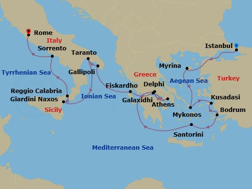 16 Night - Star Collector : Wonders of Southern Italy, Greece & Turkiye via the Corinth Canal - Star Legend - Starting in Istanbul, Myrina / Lemnos, Mykonos, Kusadasi, Bodrum, Santorini, Itea, Delphi, Cruising the Corinth Canal, Piraeus, Athens, Cruising the Corinth Canal, Galaxidi, Delphi, Fiskardo, Cephalonia, Gallipoli, Taranto, Giardini Naxos, Taormina, Reggio di Calabria, Sorrento, Civitavecchia, Rome itinerary map