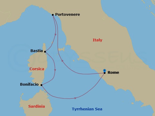 4 Night - Quick Getaways : La Dolce Vita in Italy & France - Star Legend - Starting in Civitavecchia, Rome, Porto Venere, Bastia, Bonifacio, Civitavecchia, Rome itinerary map