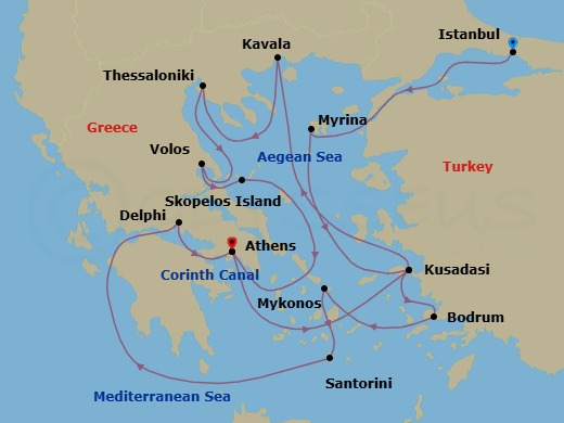 16 Night - Star Collector : Eternal Greece - Star Legend - Starting in Istanbul, Myrina / Lemnos, Kusadasi, Bodrum, Mykonos, Santorini, Itea, Delphi, Cruising the Corinth Canal, Piraeus, Athens, Kusadasi, Kavala, Thessaloniki, Volos, Skopelos, Piraeus, Athens itinerary map