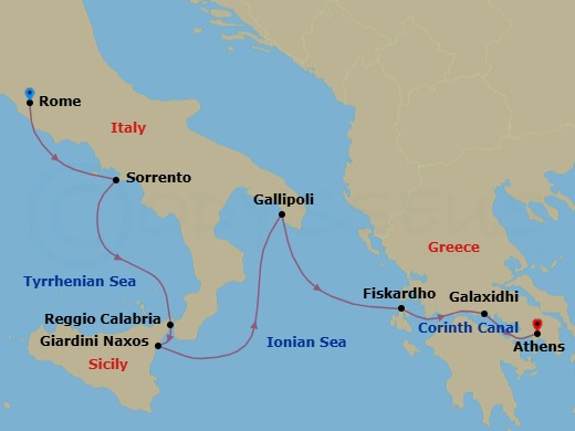 7 Night - Moments in Southern Italy & Greece via the Corinth Canal - Star Legend - Starting in Civitavecchia, Rome, Sorrento, Reggio di Calabria, Giardini Naxos, Taormina, Gallipoli, Fiskardo, Cephalonia, Galaxidi, Delphi, Cruising the Corinth Canal, Piraeus, Athens itinerary map