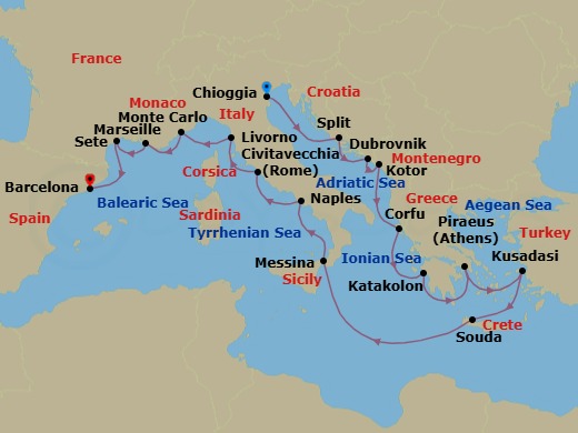21 Night - Antiquities of the Mediterranean - Viking Sky - Starting in Venice (Chioggia), Split, Dubrovnik, Croatia, Kotor, Corfu (Kerkyra), Katakolon (Olympia), Athens (Piraeus), Ephesus (Kusadasi), Crete (Souda Bay), Sail the Ionian Sea, Sicily (Messina), Naples, Rome (Civitavecchia), Florence / Pisa (Livorno), Monte Carlo, Marseille, Sete, Barcelona itinerary map