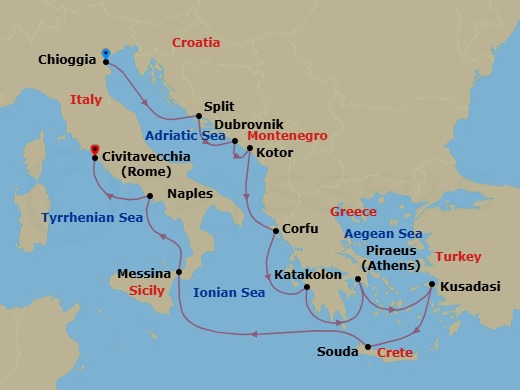 14 Night - Iconic Adriatic Antiquities - Viking Sky - Starting in Venice (Chioggia), Split, Dubrovnik, Croatia, Kotor, Corfu (Kerkyra), Katakolon (Olympia), Athens (Piraeus), Ephesus (Kusadasi), Crete (Souda Bay), Sail the Ionian Sea, Sicily (Messina), Naples, Rome (Civitavecchia) itinerary map