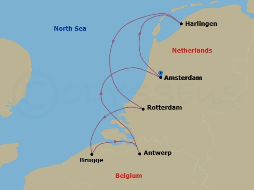 7 Night - Tulip Season in Holland & Belgium - Star Pride - Starting in Amsterdam, Harlingen, Rotterdam, Oostende, Bruges, Antwerp, Amsterdam itinerary map