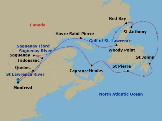 14 Night - Quebec and Newfoundland Adventure - Star Pride - Starting in Montreal, Qc, Tadoussac, QC, Saguenay, Qc, Scenic Cruising Saguenay Fjord, Capaux Meules, Magdalen Island, Qc, St Pierre and Miquelon, St Johns NF, St Anthony, Nl, Red Bay, Nl, Woody Point, Bonne Bay, Nl, Havre St Pierre, Qc, Quebec City, Qc, Cruising St Lawrence River, Montreal, Qc itinerary map