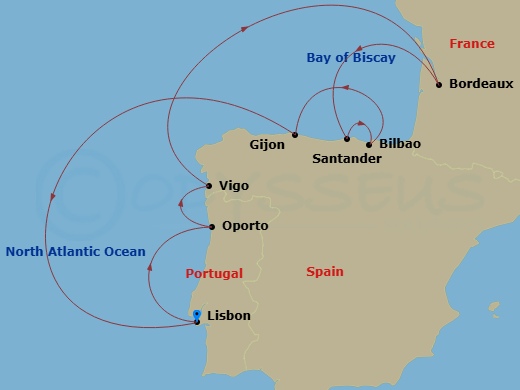 10 Night - Lisbon to Lisbon - Silver Spirit - Starting in Lisbon, Oporto (Leixoes), Vigo (Galicia), Bordeaux, Santander, Bilbao, Gijon, Spain, Lisbon itinerary map