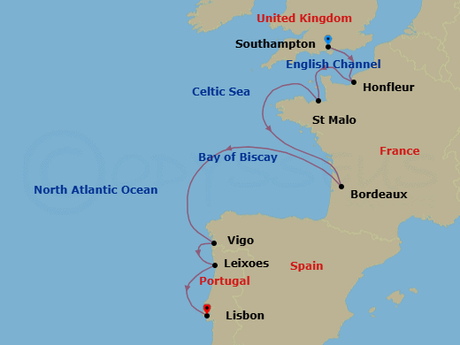 12 Night - Southampton to Lisbon - Silver Spirit - Starting in Southampton, Honfleur, Saint Malo (Brittany), Bordeaux, Vigo (Galicia), Oporto (Leixoes), Lisbon itinerary map