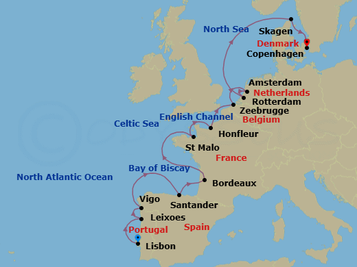16 Night - Lisbon to Copenhagen - Silver Spirit - Starting in Lisbon, Oporto (Leixoes), Vigo (Galicia), Santander, Bordeaux, Saint Malo (Brittany), Honfleur, Zeebrugge, Amsterdam, Rotterdam, Skagen, Copenhagen itinerary map