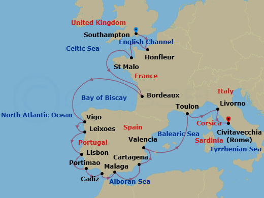 21 Night - Europe from Southampton to Rome (Civitavecchia) - Silver Spirit - Starting in Southampton, Honfleur, Saint Malo, Bordeaux, Vigo, Oporto, Lisbon, Portimao, Cadiz, Malaga, Cartagena ES, Valencia, Toulon, Livorno, Civitavecchia itinerary map