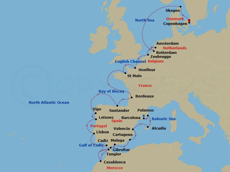 28 Night - Cruise from Barcelona to Copenhagen - Silver Spirit - Starting in Barcelona, Palamos, Alcudia, Valencia, Cartagena ES, Malaga, Gibraltar, Casablanca, Tangier, Cadiz, Lisbon, Oporto, Vigo, Santander, Bordeaux, Saint Malo, Honfleur, Zeebrugge, Amsterdam, Rotterdam, Skagen, Copenhagen itinerary map