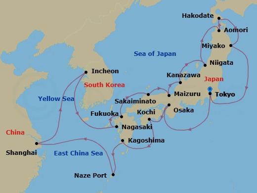 25 Night - Japan Roundtrip from Tokyo - Silver Whisper - Starting in Tokyo, Osaka, Kochi, Kagoshima, Naze, Shanghai, Incheon, Nagasaki, Fukuoka, Sakaiminato, Maizuru, Kanazawa, Niigata, Aomori, Hakodate, Miyako, Tokyo itinerary map