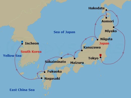 12 Night - Incheon to Tokyo - Silver Whisper - Starting in Incheon (Seoul), Nagasaki, Fukuoka (Kyushu Island), Sakaiminato, Maizuru, Kanazawa, Niigata, Aomori, Hakodate (Hokkaido), Miyako, Iwate, Tokyo itinerary map