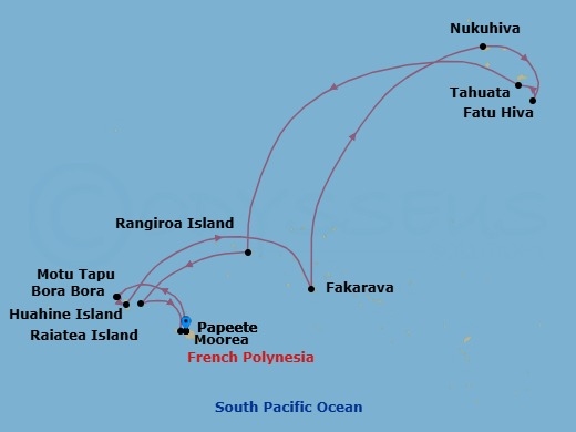 14 Night - Papeete to Papeete - Silver Whisper - Starting in Papeete (Tahiti), Bora Bora (Society Islands), Motu Tapu (Bora Bora), Raiatea, Fakarava, Tuamotu Archipelago, Nuku Hiva, Marquesas Islands, Fatu Hiva, Marquesas Islands, Tahuata, Marquesas Islands, Rangiroa, Huahine, Moorea Island, Papeete (Tahiti) itinerary map