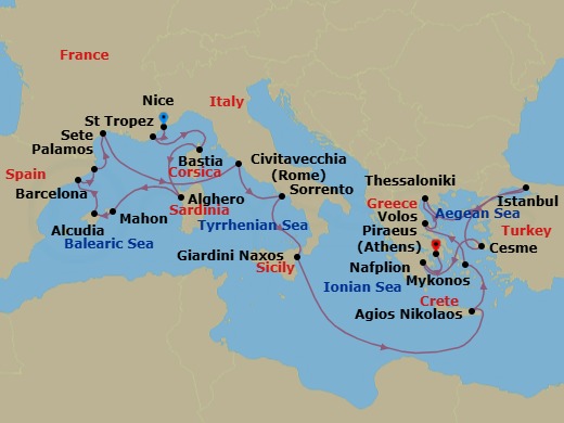 24 Night - Cruise from Nice to Athens - Silver Shadow - Starting in Nice, Saint Tropez, Bastia, Alghero, Porto Mahon, Alcudia, Barcelona, Palamos, Sete, Civitavecchia, Sorrento, Giardini Naxos, Aghios Nikolaos, Mykonos, Volos, Thessaloniki, Istanbul, Cesme, Nafplion, Athens itinerary map