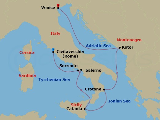 8 Night - Italy Intensive Cruise : Rome, Amalfi & Venice - Azamara Quest - Starting in Rome (Civitavecchia), Sorrento, Amalfi Coast (Salerno), Catania, (Sicily), Crotone, Kotor, Venice itinerary map