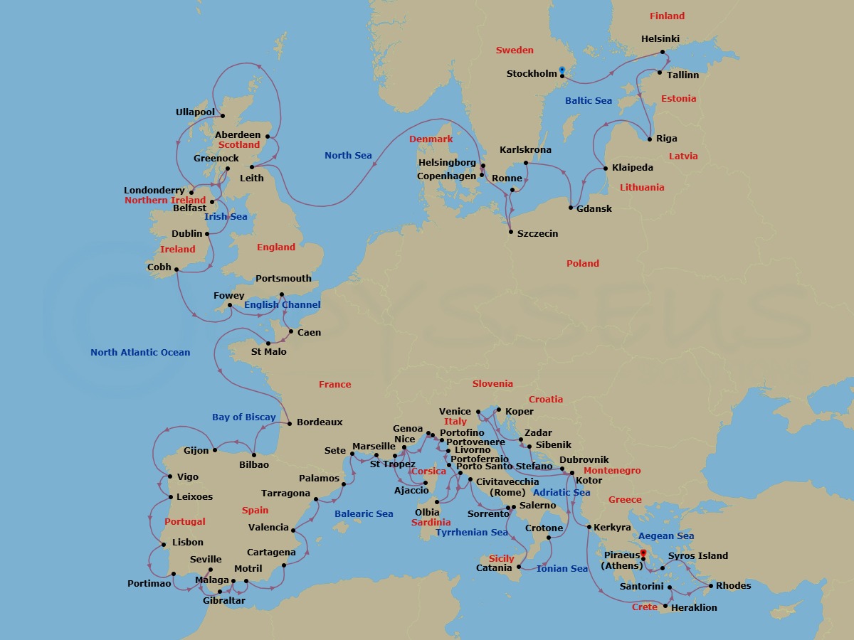 80 Night - Stockholm to Athens Grand Voyage - Azamara Quest - Starting in Stockholm, Helsinki, Tallinn, Riga, Klaipeda, Gdansk, Karlskrona, Sweden, Ronne, Bornholm, Szczecin, Helsingborg, Copenhagen, Leith (Edinburgh), Scotland, Aberdeen, Scotland, Ullapool, Scotland, Londonderry, Northern Ireland, Glasgow (Greenock), Scotland, Belfast, Northern Ireland, Dublin (Dun Laoghaire), Cork (Cobh), Fowey, Portsmouth UK, Caen, Saint-malo, Bordeaux, Bilbao, Gijon, Spain, Vigo, Porto (Leixoes), Lisbon, Portimao, Seville, Gibraltar, Malaga, Granada (Motril), Cartagena ES, Valencia, Barcelona (Tarragona), Palamos, Sete, Provence (Marseille), Nice, St Tropez, Ajaccio, Corsica, Nice, Genoa, Portofino (Santa Margherita), Porto Venere, Florence / Pisa (Livorno), Portoferraio (Elba), Olbia, Sardinia, Porto Santo Stefano, Rome (Civitavecchia), Sorrento, Amalfi Coast (Salerno), Catania, (Sicily), Crotone, Kotor, Venice, Koper, Zadar, Sibenik, Dubrovnik, Croatia, Kotor, Corfu, Heraklion, (Crete), Santorini, Rhodes, Syros, Athens (Piraeus) itinerary map