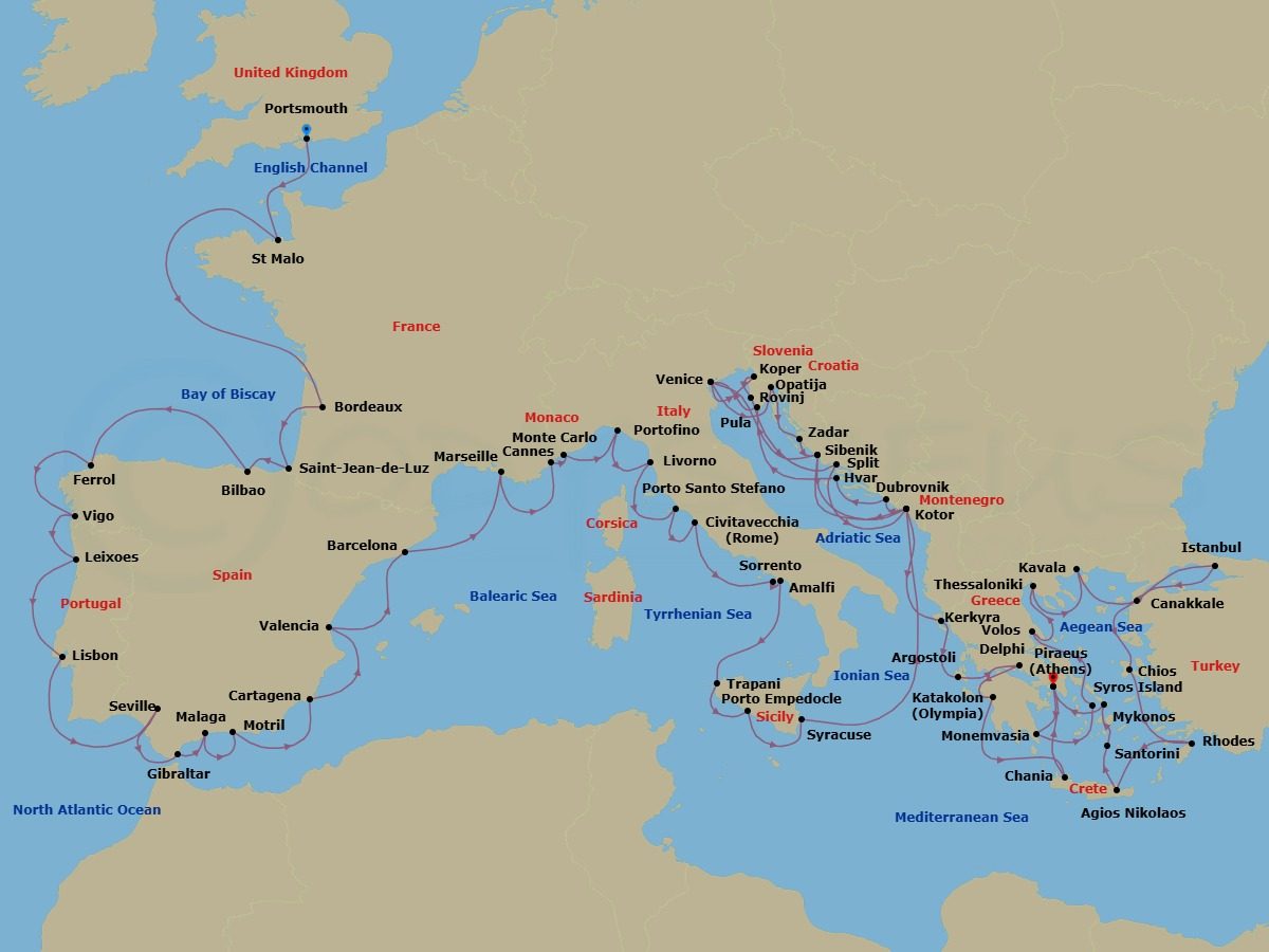 70 Night - Portsmouth to Athens Grand Voyage - Azamara Journey - Starting in Portsmouth UK, Saint-malo, Bordeaux, St Jean De Luz, Bilbao, Ferrol, Vigo, Porto (Leixoes), Lisbon, Seville, Gibraltar, Malaga, Granada (Motril), Cartagena ES, Valencia, Barcelona, Provence (Marseille), Cannes, Monte Carlo, Portofino (Santa Margherita), Florence / Pisa (Livorno), Porto Santo Stefano, Rome (Civitavecchia), Sorrento, Amalfi, Trapani, Sicily, Porto Empedolce, Sicily, Siracusa, Sicily, Kotor, Sibenik, Venice, Opatija, Zadar, Sibenik, Kotor, Dubrovnik, Croatia, Hvar, Pula, Venice, Koper, Rovinj (Istria), Split, Kotor, Corfu, Argostoli, Delphi, (Itea), Olympia (Katakolon), Chania, Crete, Athens (Piraeus), Monemvasia, Syros, Volos, Thessaloniki, Kavala, Istanbul, Canakkale (Kepez), Chios, Rhodes, Agios Nikolaos, (Crete), Santorini, Mykonos, Athens (Piraeus) itinerary map