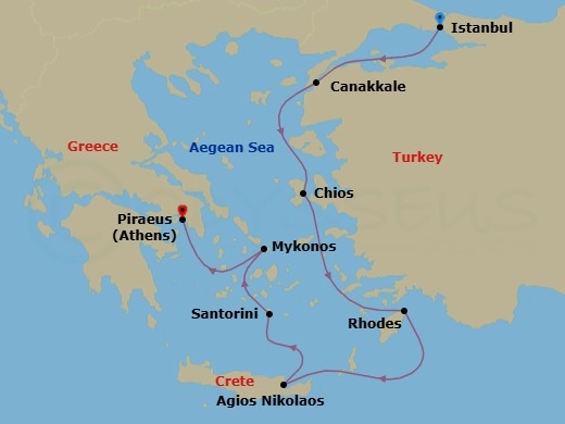 7 Night - Greece Intensive Cruise : Chios, Rhodes & Santorini - Azamara Journey - Starting in Istanbul, Canakkale (Kepez), Chios, Rhodes, Agios Nikolaos, (Crete), Santorini, Mykonos, Athens (Piraeus) itinerary map