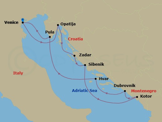 8 Night - Croatia Intensive Cruise : Zadar, Dubrovnik & Hvar - Azamara Journey - Starting in Venice, Opatija, Zadar, Sibenik, Kotor, Dubrovnik, Croatia, Hvar, Pula, Venice itinerary map