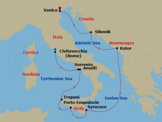 10 Night - Italy Intensive Cruise : Amalfi, Siracusa & Venice - Azamara Journey - Starting in Rome (Civitavecchia), Sorrento, Amalfi, Trapani, Sicily, Porto Empedolce, Sicily, Siracusa, Sicily, Kotor, Sibenik, Venice itinerary map