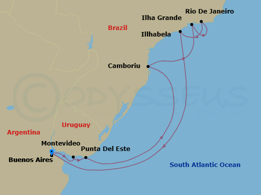 10 Night - South America Roundtrip from Buenos Aires - Costa Serena - Starting in Buenos Aires, Argentina, Montevideo, Uruguay, Punta del Este, Uruguay, Camboriu, Brazil, Baia De Camboriu, Abraao (Ilha Grande), Rio de Janeiro, Brazil, Baia De Copacabana, Ilhabela, Brazil, Buenos Aires, Argentina itinerary map