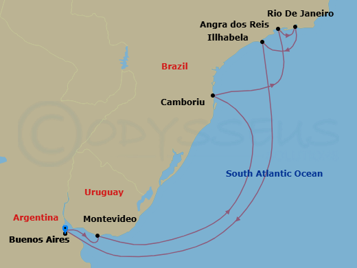 9 Night - South America Roundtrip from Buenos Aires - Costa Serena - Starting in Buenos Aires, Argentina, Montevideo, Uruguay, Camboriu, Brazil, Baia De Camboriu, Angra dos Reis, Rio de Janeiro, Brazil, Baia De Copacabana, Ilhabela, Brazil, Buenos Aires, Argentina itinerary map