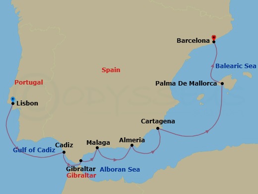 8 Night - Spanish Symphony - Wind Surf - Starting in Lisbon, Cadiz, Gibraltar, Malaga, Almeria, Granada, Cartagena ES, Palma De Mallorca, Barcelona itinerary map