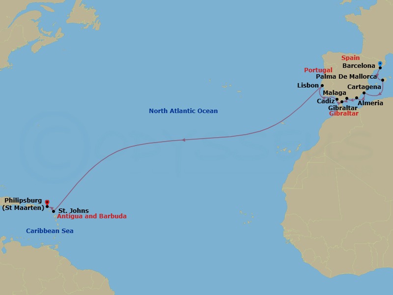22 Night - Star Collector : Spanish Shores Transatlantic Crossing - Wind Surf - Starting in Barcelona, Palma De Mallorca, Cartagena ES, Almeria, Granada, Malaga, Gibraltar, Cadiz, Lisbon, St Johns AG, Antigua, Philipsburg, St Maarten itinerary map