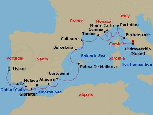 15 Night - Star Collector : Enchantment of the Western Med - Wind Surf - Starting in Lisbon, Cadiz, Gibraltar, Malaga, Almeria, Granada, Cartagena ES, Palma De Mallorca, Barcelona, Collioure, Toulon, Monte Carlo, Cannes, Portofino, Portoferraio, Civitavecchia, Rome itinerary map