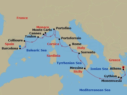 14 Night - Star Collector : Riches of the Rivieras, Romans, and Greeks - Wind Surf - Starting in Barcelona, Collioure, Toulon, Monte Carlo, Cannes, Portofino, Portoferraio, Civitavecchia, Rome, Sorrento, Messina, Taormina, Gythion, Monemvasia, Piraeus, Athens itinerary map