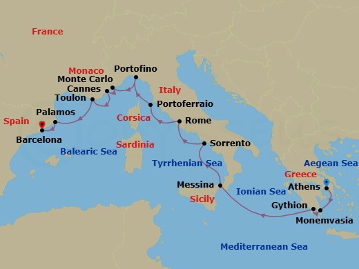 14 Night - Star Collector : Riches of the Rivieras, Romans & Greeks - Wind Surf - Starting in Piraeus, Athens, Monemvasia, Gythion, Messina, Taormina, Sorrento, Civitavecchia, Rome, Portoferraio, Portofino, Monte Carlo, Cannes, Toulon, Palamos, Barcelona itinerary map