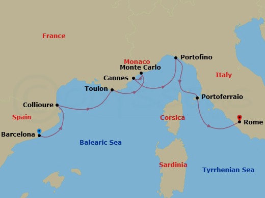 7 Night - Yachtsman's Harbors of the Rivieras - Wind Surf - Starting in Barcelona, Collioure, Toulon, Monte Carlo, Cannes, Portofino, Portoferraio, Civitavecchia, Rome itinerary map