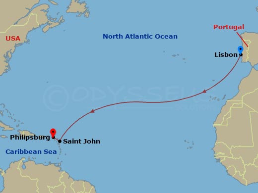 14 Night - Ocean Crossing - Wind Surf - Starting in Lisbon, St Johns AG, Antigua, Philipsburg, St Maarten itinerary map