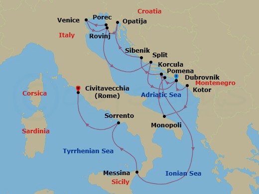16 Night - Star Collector : Vintage Croatia & Timeless Italy - Wind Spirit - Starting in Dubrovnik, Croatia, Kotor, Monopoli, Pomena, Mljet, Korcula, Sibenik, Opatija, Porec, Venice, Rovinj, Split, Dubrovnik, Croatia, Korcula, Messina, Taormina, Sorrento, Civitavecchia, Rome itinerary map