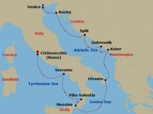 11 Night - Classic Italy & the Dalmatian Coast - Wind Spirit - Starting in Venice, Rovinj, Split, Dubrovnik, Croatia, Kotor, Otranto, Messina, Taormina, Vibo Valentia / Marina Velentia, Sorrento, Civitavecchia, Rome itinerary map