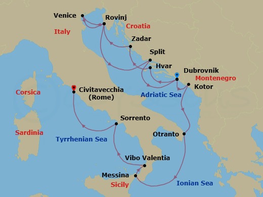 15 Night - Star Collector : the Arc of the Adriatic Coast - Wind Spirit - Starting in Dubrovnik, Croatia, Hvar, Zadar, Rovinj, Venice, Rovinj, Split, Dubrovnik, Croatia, Kotor, Otranto, Messina, Taormina, Vibo Valentia / Marina Velentia, Sorrento, Civitavecchia, Rome itinerary map