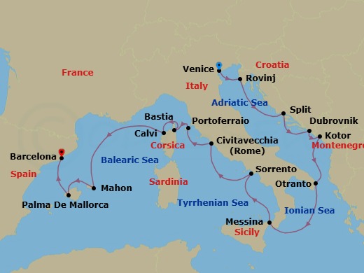 17 Night - Star Collector : Adriatic, Corsica & the Balearics - Wind Spirit - Starting in Venice, Rovinj, Split, Dubrovnik, Croatia, Kotor, Otranto, Messina, Taormina, Sorrento, Civitavecchia, Rome, Portoferraio, Bastia, Calvi, Mahon, Palma De Mallorca, Barcelona itinerary map
