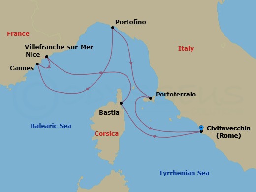 7 Night - Race Day & Riviera Charm : Prix Du Monde of Monaco - Wind Spirit - Starting in Civitavecchia, Rome, Bastia, Villefranche, Nice, Cannes, Portofino, Portoferraio, Civitavecchia, Rome itinerary map