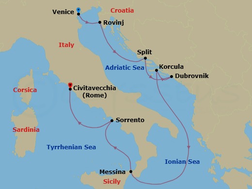 9 Night - Classic Italy & the Dalmatian Coast - Wind Spirit - Starting in Venice, Rovinj, Split, Dubrovnik, Croatia, Korcula, Messina, Taormina, Sorrento, Civitavecchia, Rome itinerary map