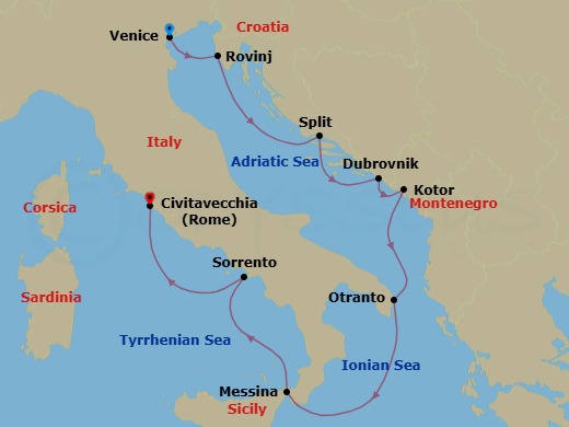 10 Night - Classic Italy & Dalmatian Coast - Wind Spirit - Starting in Venice, Rovinj, Split, Dubrovnik, Croatia, Kotor, Otranto, Messina, Taormina, Sorrento, Civitavecchia, Rome itinerary map