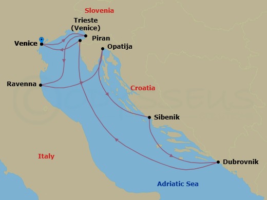 8 Night - Legends of the Northern Adriatic - Wind Spirit - Starting in Venice, Trieste, Ravenna, Opatija, Sibenik, Dubrovnik, Croatia, Piran, Venice itinerary map