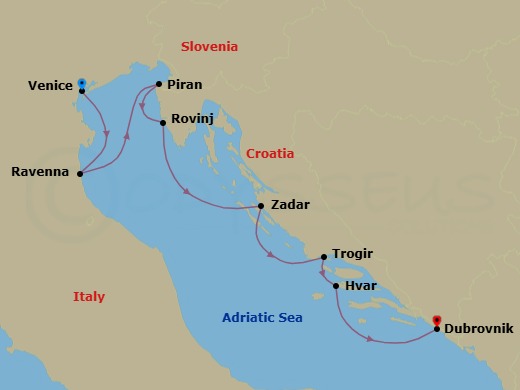 7 Night - Venetian Majesty & Spectacular Croatia : the Northern Adriatic - Wind Spirit - Starting in Venice, Ravenna, Piran, Rovinj, Zadar, Trogir, Hvar, Dubrovnik, Croatia itinerary map