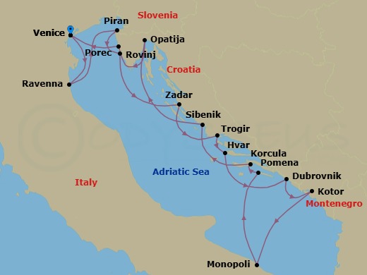 14 Night - Star Collector : Adriatic Odyssey - Wind Spirit - Starting in Venice, Ravenna, Piran, Rovinj, Zadar, Trogir, Hvar, Dubrovnik, Croatia, Kotor, Monopoli, Pomena, Mljet, Korcula, Sibenik, Opatija, Porec, Venice itinerary map