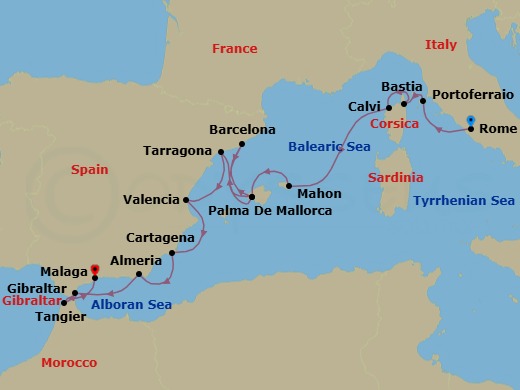 16 Night - Star Collector : Romance of the West Med - Wind Spirit - Starting in Civitavecchia, Rome, Portoferraio, Bastia, Calvi, Mahon, Palma De Mallorca, Barcelona, Palma De Mallorca, Tarragona (Barcelona), Valencia, Cartagena ES, Almeria, Granada, Gibraltar, Tangier, Malaga itinerary map