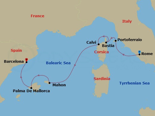 7 Night - Mediterranean Island Mosaic - Wind Spirit - Starting in Civitavecchia, Rome, Portoferraio, Bastia, Calvi, Mahon, Palma De Mallorca, Barcelona itinerary map