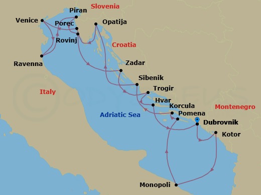 14 Night - Star Collector : Adriatic Odyssey - Wind Spirit - Starting in Dubrovnik, Croatia, Kotor, Monopoli, Pomena, Mljet, Korcula, Sibenik, Opatija, Porec, Venice, Ravenna, Piran, Rovinj, Zadar, Trogir, Hvar, Dubrovnik, Croatia itinerary map