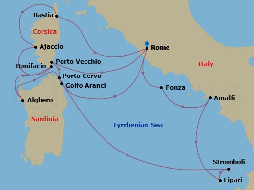 14 Night - Star Collector : Corsica, Sardinia & Amalfi Memories - Wind Spirit - Starting in Civitavecchia, Rome, Ponza, Amalfi, Lipari, Scenic Cruise Stromboli, Porto Cervo, Porto Vecchio, Civitavecchia, Rome, Bastia, Ajaccio, Bonifacio, Alghero, Golfo Aranci, Sardinia, Civitavecchia, Rome itinerary map