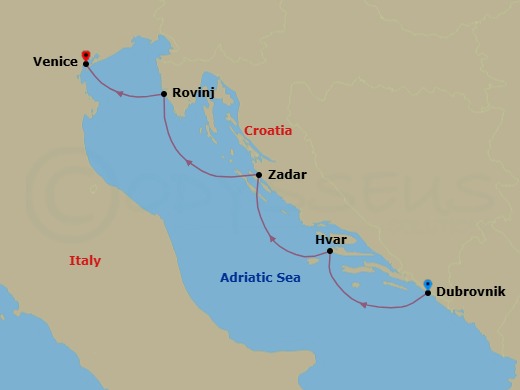 4 Night - Quick Getaways : Croatia Calling - Wind Spirit - Starting in Dubrovnik, Croatia, Hvar, Zadar, Rovinj, Venice itinerary map