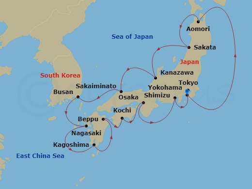 14 Night - Grand Japan with Fall Foliage - Diamond Princess - Starting in Tokyo (Yokohama), Japan, Aomori, Japan, Sakata, Japan, Kanazawa, Japan, Sakaiminato, Japan, Busan, South Korea, Nagasaki, Japan, Kagoshima, Japan, Beppu, Japan, Kochi, Japan, Osaka (for Kyoto), Japan, Shimizu (for Mount Fuji), Japan, Tokyo (Yokohama), Japan itinerary map